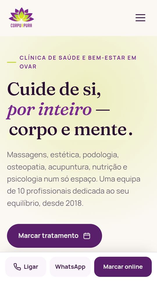 Página inicial do site da Clínica Cor Púrpura no telemóvel, com o título “Cuide de si, por inteiro” e os botões Ligar, WhatsApp e Marcar online